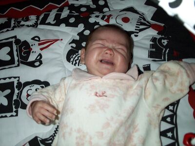 Me in the pink toile outfit crying